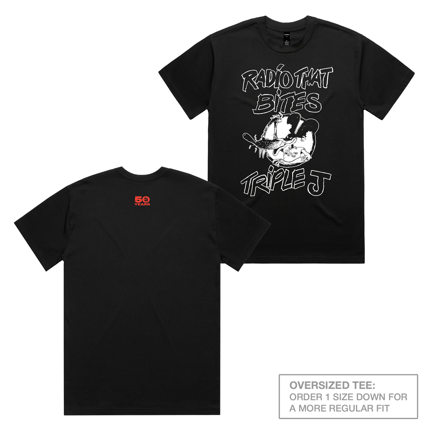50 YEARS: Radio That Bites Oversized Heavy Tee Black