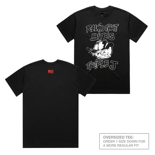 50 YEARS: Radio That Bites Oversized Heavy Tee Black